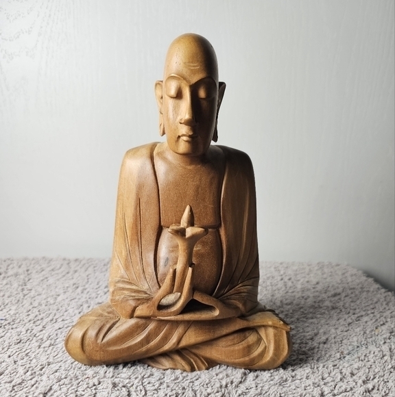 Meditating Monk Figurine,Wooden Sculpture Buddhism - Picture 1 of 8